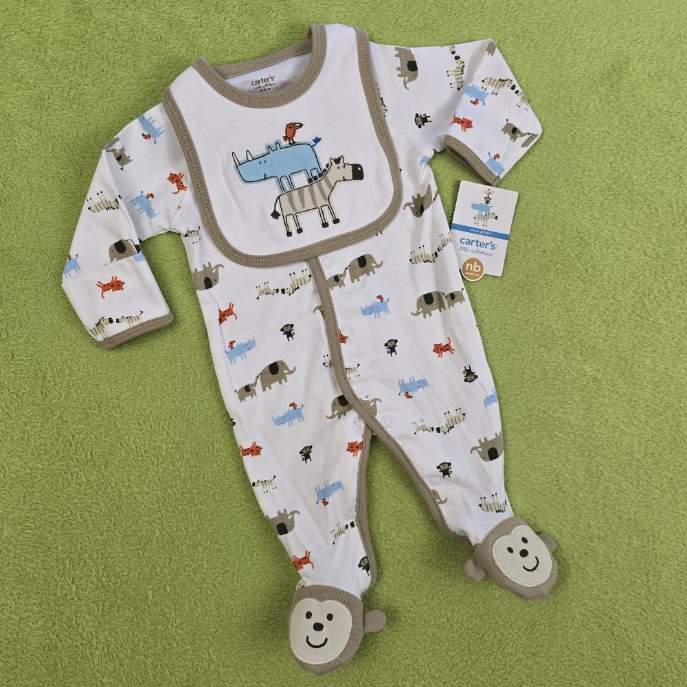 NWT 0-3M Baby BOYS 2P FOOTIE & BIB JUNGLE ANIMALS MONKEY RHINO TIGER etc (Q1)